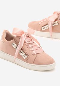 Renee - Różowe Sneakersy Margarett. Kolor: różowy. Materiał: skóra, satyna. Obcas: na płaskiej podeszwie