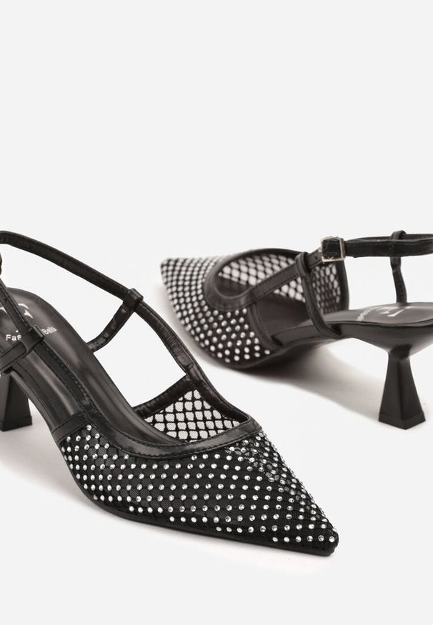 Renee - Czarne Sandały na Kaczuszce Slingback z Siateczkową Cholewką i Cyrkoniami Velionna. Zapięcie: sprzączka. Kolor: czarny. Obcas: na szpilce. Wysokość obcasa: średni