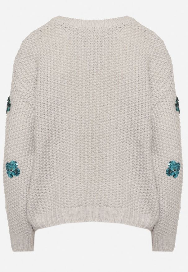 Born2be - Jasnoszary Sweter z Tłoczonej Dzianiny z Wiskozą Zdobiony Cekinowymi Kwiatami Edamara. Okazja: na co dzień. Kolor: szary. Materiał: wiskoza, dzianina. Długość rękawa: długi rękaw. Długość: długie. Wzór: aplikacja, kwiaty. Styl: wizytowy, casual, klasyczny