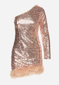 Born2be - Złota Asymetryczna Sukienka o Dopasowanym Kroju z Cekinami i Piórami Senathira. Okazja: na imprezę. Kolor: złoty. Typ sukienki: asymetryczne. Styl: klasyczny, elegancki #4