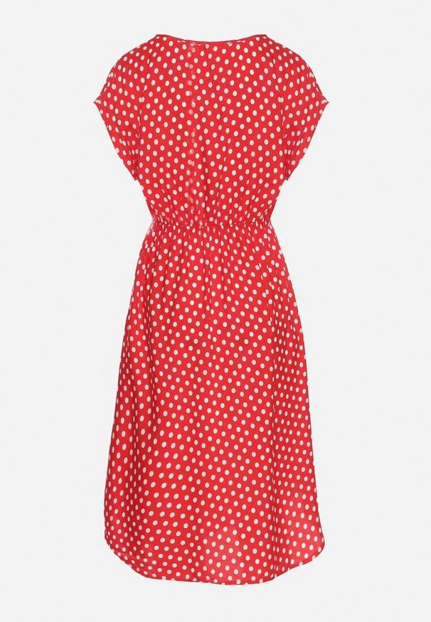 Born2be - Czerwona Sukienka z Gumką w Pasie i Falbanką Romilla. Kolor: czerwony. Materiał: bawełna. Sezon: lato. Styl: wizytowy