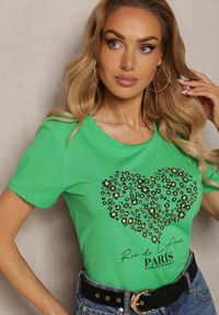 Renee - Zielony T-shirt z Bawełny Koszulka z Krótkim Rękawem i Nadrukiem z Cyrkoniami Kloena. Okazja: na co dzień. Kolor: zielony. Materiał: bawełna. Długość rękawa: krótki rękaw. Długość: krótkie. Wzór: nadruk. Styl: casual, elegancki #4