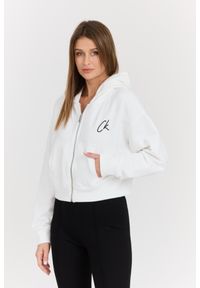 Calvin Klein - CALVIN KLEIN Biała damska rozpinana bluza z kapturem, Rozmiar M. Typ kołnierza: kaptur. Kolor: biały. Materiał: bawełna
