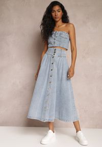 Renee - Jasnoniebieska Jeansowa Spódnica Maxi z Guzikami z Bawełny Rachellia. Kolor: niebieski. Materiał: jeans, bawełna