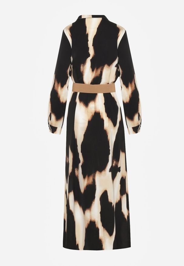 Renee - Beżowo-Czarna Koszulowa Sukienka w Panterkę Ozdobiona Paskiem Valentola. Okazja: na co dzień. Kolor: beżowy. Materiał: tkanina. Wzór: motyw zwierzęcy, aplikacja. Typ sukienki: koszulowe. Styl: elegancki, klasyczny, casual