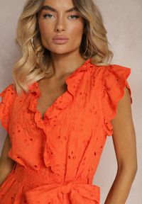 Renee - Pomarańczowa Bawełniana Sukienka o Rozkloszowanym Kroju z Ażurowym Wzorem Dadea. Kolor: pomarańczowy. Materiał: bawełna. Długość rękawa: krótki rękaw. Wzór: ażurowy. Styl: elegancki, wizytowy #5