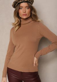 Renee - Brązowy Casualowy Golf z Wiskozą i Modalem Lannetora. Okazja: na co dzień. Typ kołnierza: golf. Kolor: beżowy. Materiał: wiskoza. Wzór: aplikacja, gładki. Styl: casual