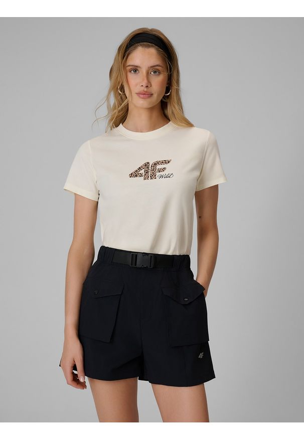 4f - 4F T-shirt regular z nadrukiem damski - biały L. Okazja: na co dzień. Kolor: beżowy. Materiał: bawełna, dzianina. Wzór: nadruk. Styl: casual
