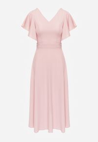 Renee - Różowa Sukienka o Rozkloszowanym Kroju z Falbanami Bouchard. Typ kołnierza: dekolt w kształcie V. Kolor: różowy. Materiał: tkanina. Wzór: jednolity, gładki. Styl: wizytowy, klasyczny. Długość: maxi #5