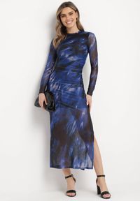 Born2be - Czarno-Granatowa Dopasowana Sukienka Długa z Siateczki z Rozcięciem na Boku Nethys. Kolor: czarny. Materiał: wiskoza. Styl: elegancki. Długość: maxi #5