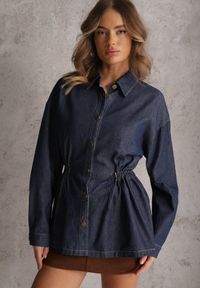 Renee - Granatowa Koszula z Bawełny Ściągana w Talii Troczkami Hettia. Kolor: niebieski. Materiał: bawełna. Styl: elegancki #1