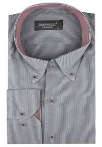 Ravanelli - Modna Koszula z Kołnierzykiem na Guziki - Popielata w Drobny Prążek. Typ kołnierza: button down. Kolor: szary. Materiał: bawełna. Wzór: prążki #7