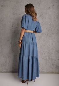 Renee - Jasnoniebieska Koszulowa Sukienka z Wiskozą Paskiem z Plecionki i Bufkami Nedara. Okazja: na co dzień. Kolor: niebieski. Materiał: wiskoza. Typ sukienki: koszulowe. Styl: casual #8