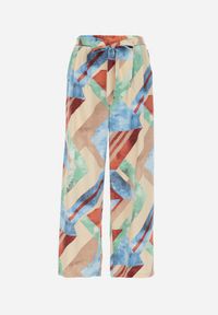 Born2be - Beżowe Szerokie Spodnie z Gumką i Wiązaniem w Pasie Narias. Kolor: beżowy. Wzór: kolorowy, aplikacja #3