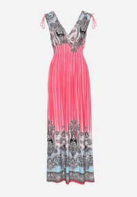 Born2be - Różowa Sukienka z Troczkami w Ramionach Rozkloszowana z Dekoltem w V Araxeda. Typ kołnierza: dekolt w kształcie V. Kolor: różowy. Sezon: lato. Styl: elegancki #4