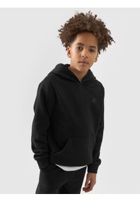 4f - 4F Bluza dresowa nierozpinana z kapturem chłopięca - czarna 146 (10-11 lat). Okazja: na co dzień. Typ kołnierza: kaptur. Kolor: czarny. Materiał: dresówka. Wzór: gładki, ze splotem. Sezon: lato. Styl: casual, sportowy #1