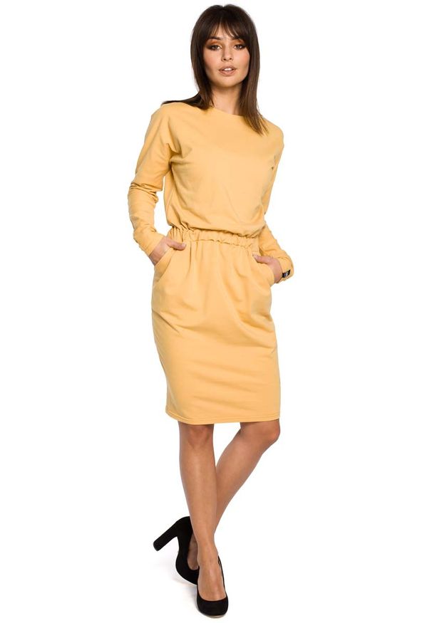 MOE - Żółta Sukienka z Gumką w Pasie. Kolor: żółty. Materiał: bawełna, elastan