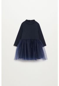 Mango Kids - Sukienka dziecięca BOSTON. Typ kołnierza: kołnierzyk stójkowy. Kolor: niebieski. Materiał: bawełna, materiał, dzianina, elastan, tkanina, poliester. Długość rękawa: długi rękaw. Wzór: gładki. Typ sukienki: rozkloszowane. Długość: mini #1