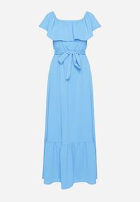 Born2be - Niebieska Sukienka o Rozkloszowanym Fasonie z Hiszpańskim Dekoltem i Materiałowym Paskiem Nacara. Okazja: na co dzień. Kolor: niebieski. Materiał: materiał. Długość rękawa: krótki rękaw. Sezon: lato. Typ sukienki: proste. Styl: casual #4