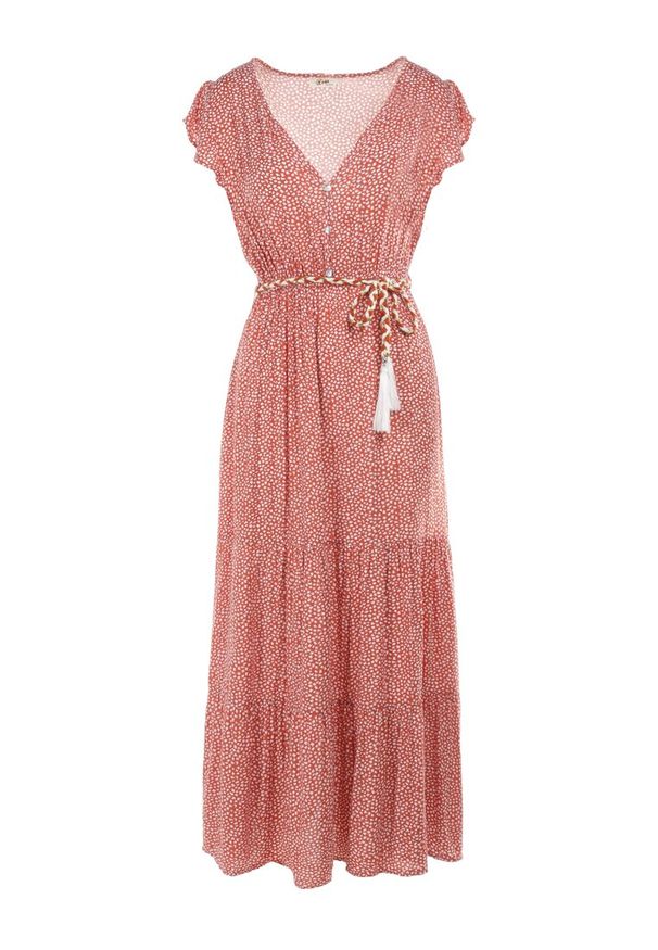 Born2be - Czerwona Sukienka Tudanna. Typ kołnierza: dekolt w kształcie V. Kolor: różowy. Materiał: materiał, tkanina. Wzór: aplikacja, kwiaty, ażurowy. Długość: maxi