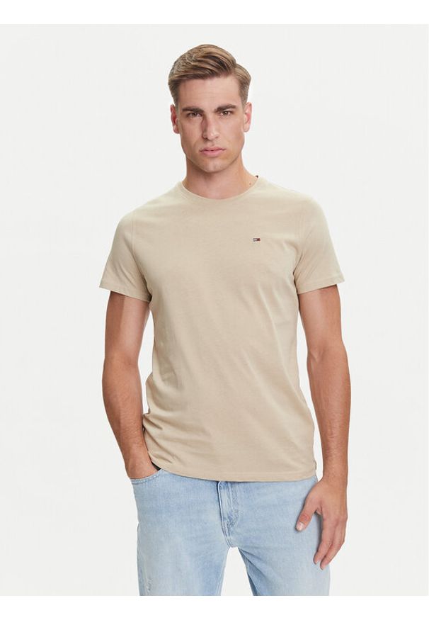 Tommy Jeans T-Shirt DM0DM04411 Beżowy Slim Fit. Kolor: beżowy. Materiał: bawełna