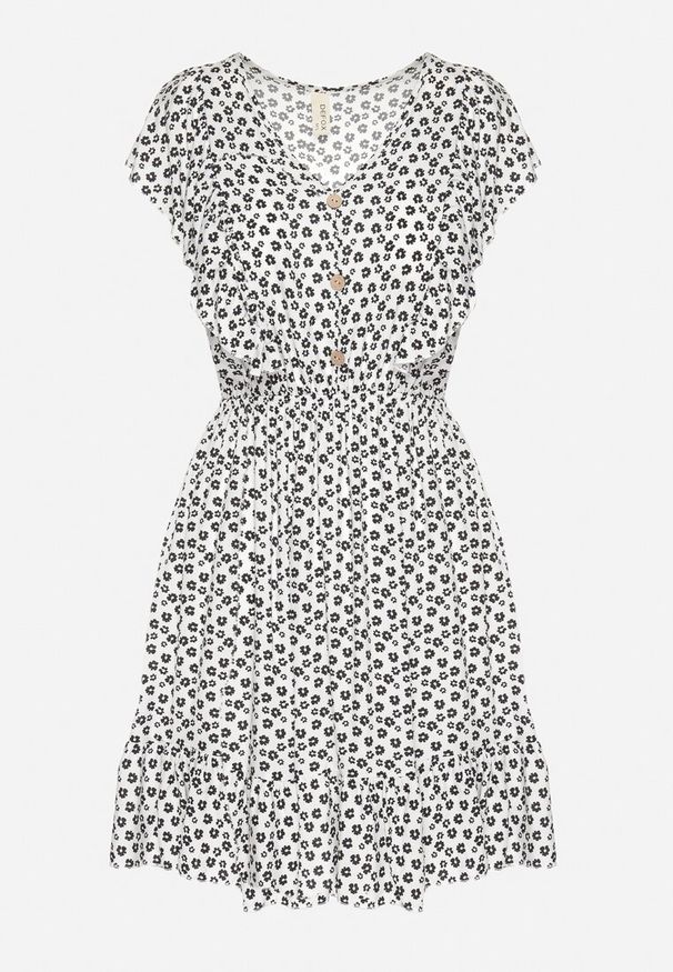 Born2be - Biała Rozkloszowana Sukienka z Bawełny w Kwiaty z Guzikami Ronelle. Okazja: na co dzień, na randkę, na spacer. Kolor: biały. Materiał: bawełna. Wzór: kwiaty. Typ sukienki: proste, rozkloszowane. Styl: elegancki, casual