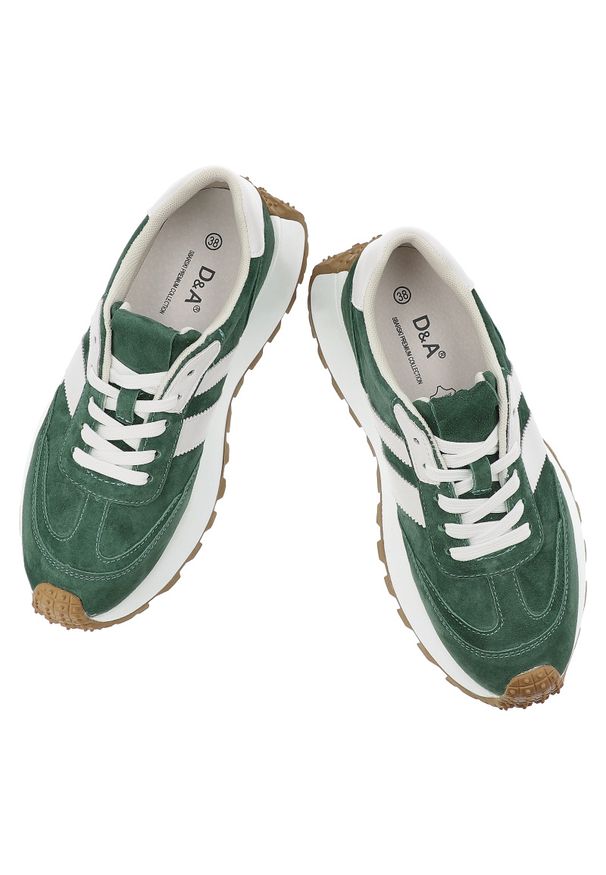 Sneakersy damskie S.Barski, cholewka skóra naturalna zamszowa wiązanie klasyczne kontrastowe paski fason niski zaokrąglony nosek masywna podeszwa spo. Okazja: na co dzień. Zapięcie: pasek. Kolor: zielony. Materiał: skóra, zamsz. Szerokość cholewki: normalna. Wzór: paski. Styl: klasyczny