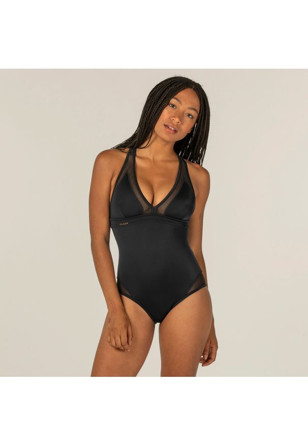 Decathlon - Kostium kąpielowy jednoczęściowy surfingowy damski Olaian Isa. Kolor: czarny. Materiał: poliester, poliamid, materiał, elastan