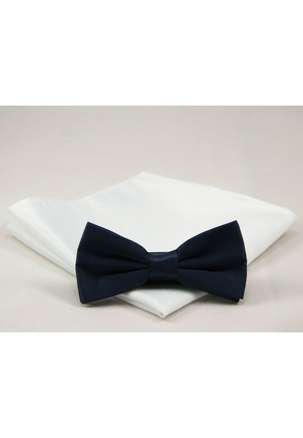 Granatowa Mucha Gładka, Jednokolorowa + Biała Poszetka - Chattier, Męska. Kolor: niebieski. Materiał: poliester. Wzór: gładki. Styl: elegancki, sportowy