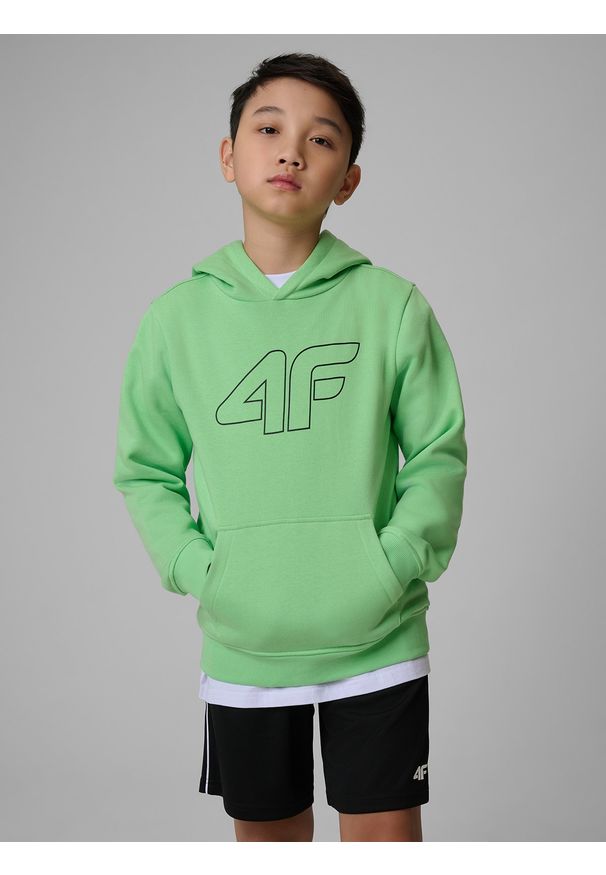 4f - 4F Bluza dresowa regular z kapturem chłopięca - zielona 134 (8-9 lat). Okazja: na spacer, na co dzień, na uczelnię. Typ kołnierza: kaptur. Kolor: zielony. Materiał: dresówka. Sezon: lato. Styl: casual