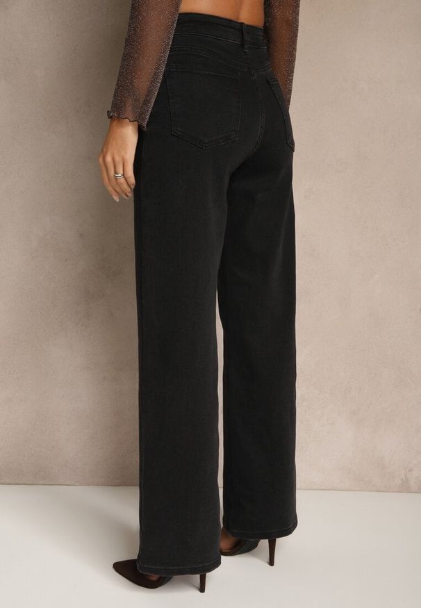 Renee - Czarne Szerokie Jeansy Regular Waist Isovena. Kolor: czarny. Wzór: aplikacja. Styl: elegancki