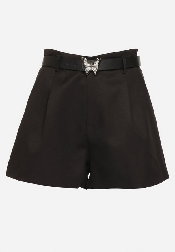 Born2be - Czarne Szorty z Wysokim Stanem z Paskiem i Klamrą w Kształcie Motyla Veritana. Okazja: na co dzień. Stan: podwyższony. Kolor: czarny. Styl: elegancki, casual