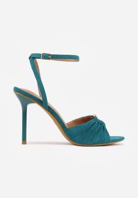 Renee - Niebieskie Sandały VICES na Szpilce Zdobione Marszczeniem i Aplikacją Synalirea. Zapięcie: pasek. Kolor: niebieski. Wzór: aplikacja. Obcas: na szpilce. Styl: klasyczny, elegancki #3