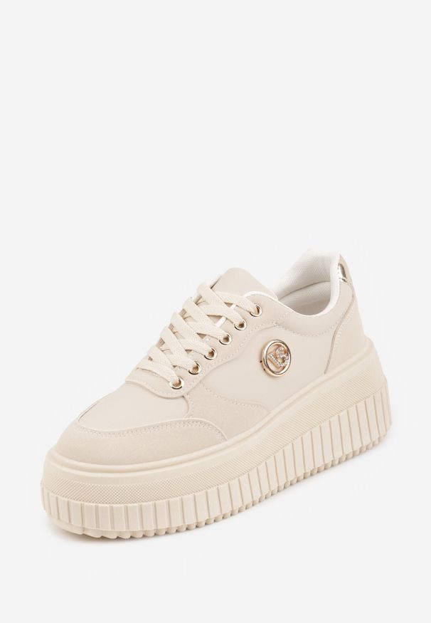Born2be - Beżowe Sneakersy VICES na Żłobionej Podeszwie Zdobione Elegancką Aplikacją Lunatea. Okazja: na co dzień. Kolor: beżowy. Materiał: jeans. Wzór: aplikacja