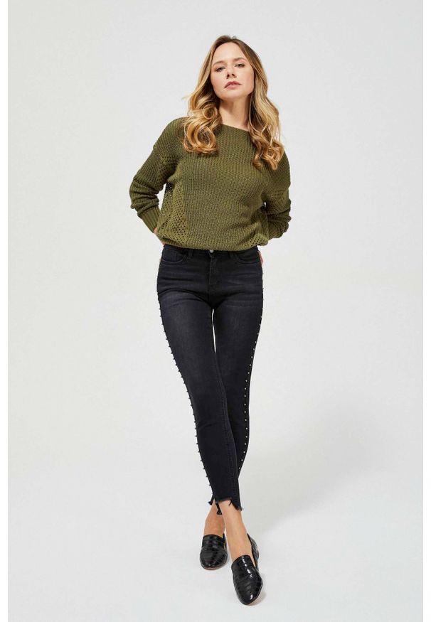 MOODO - Jeansy medium waist z dżetami. Długość: długie. Wzór: gładki