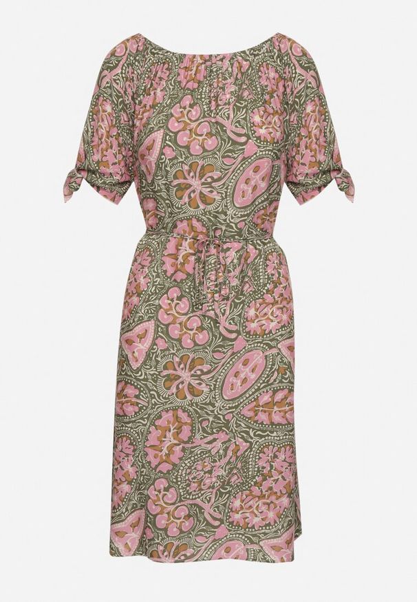 Born2be - Różowa Sukienka z Bawełny z Okrągłym Dekoltem i Wiązaniem w Pasie Tosaria. Okazja: na co dzień. Kolor: różowy. Materiał: bawełna. Sezon: lato. Styl: casual, elegancki