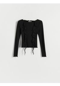 Reserved - Longsleeve z falbanami - czarny. Kolor: czarny. Materiał: prążkowany, dzianina. Długość rękawa: długi rękaw #1