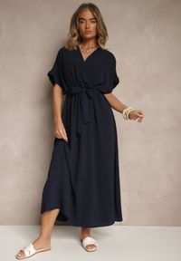 Renee - Granatowa Rozkloszowana Sukienka z Bawełną i Paskiem Lunapinia. Okazja: na co dzień. Kolor: niebieski. Materiał: bawełna. Styl: casual
