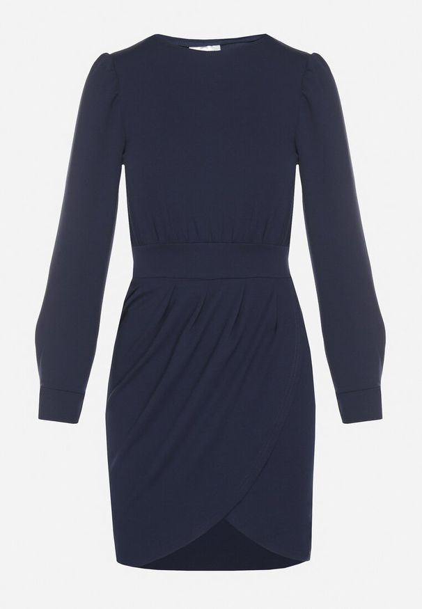 Born2be - Granatowa Sukienka z Marszczeniem i Bufiastymi Rękawami Redenia. Kolor: niebieski. Styl: elegancki, klasyczny