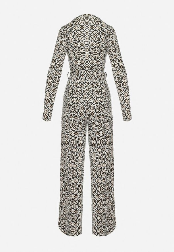 Born2be - Biało-Czarny Wzorzysty Kombinezon z Długim Rękawem i Szerokimi Spodniami z Wiązaniem w Pasie Vilati. Kolor: czarny. Długość rękawa: długi rękaw. Długość: długie. Wzór: geometria. Styl: elegancki