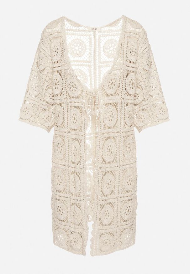 Born2be - Beżowy Bawełniany Kardigan z Ażurowym Wzorem i Wiązaniem Halionna. Okazja: na co dzień. Kolor: beżowy. Materiał: bawełna. Wzór: ażurowy. Sezon: wiosna. Styl: casual, klasyczny