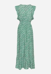 Born2be - Zielona Sukienka o Rozkloszowanym Kroju z Falbankami w Kwiatowy Wzór Aravisse. Okazja: na co dzień. Typ kołnierza: kołnierz z falbankami. Kolor: zielony. Wzór: kwiaty. Styl: casual, elegancki #2