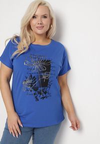 Born2be - Granatowy Bawełniany T-shirt z Metalicznym Nadrukiem Farilna. Okazja: na co dzień. Kolor: niebieski. Materiał: bawełna. Wzór: nadruk. Styl: casual #3