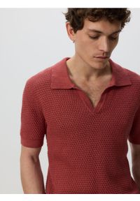 Reserved - Sweter polo z lnem - miedziany. Typ kołnierza: polo. Kolor: brązowy. Materiał: len #1