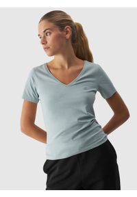 4f - 4F T-shirt slim gładki damski - turkusowy XXL. Okazja: na co dzień. Typ kołnierza: dekolt w serek. Kolor: turkusowy. Materiał: jersey, materiał, bawełna, elastan, dzianina, skóra. Długość rękawa: krótki rękaw. Długość: krótkie. Wzór: gładki. Styl: sportowy, klasyczny, casual