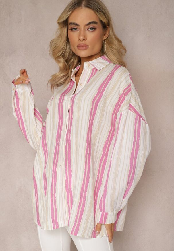 Renee - Beżowo-Fuksjowa Casualowa Koszula z Bawełny w Paski Sileata. Okazja: na co dzień. Kolor: różowy. Materiał: bawełna. Wzór: paski. Styl: casual