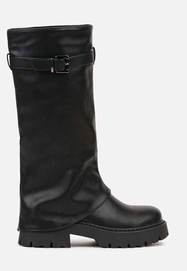 Born2be - Czarne Marszczone Kozaki VICES z Wywiniętą Cholewką z Klamerką Talles. Okazja: na co dzień. Zapięcie: bez zapięcia. Kolor: czarny. Materiał: skóra, jeans. Szerokość cholewki: normalna. Styl: casual, klasyczny