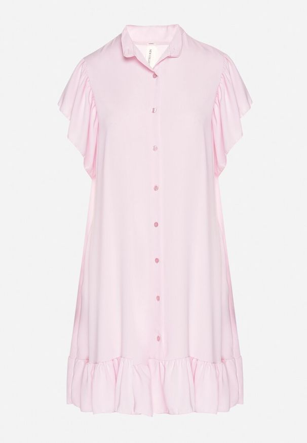 Born2be - Różowa Sukienka Koszulowa z Guzikami i Falbankami Tenalena. Okazja: na co dzień. Typ kołnierza: kołnierz z falbankami. Kolor: różowy. Typ sukienki: koszulowe. Styl: elegancki, casual, sportowy