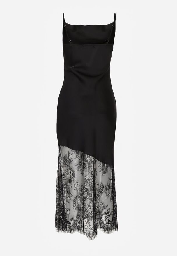 Renee - Czarna Satynowa Sukienka o Asymetrycznym Kroju z Koronkowym Dołem Mellea. Kolor: czarny. Materiał: satyna, koronka. Długość rękawa: na ramiączkach. Wzór: koronka. Typ sukienki: asymetryczne. Styl: elegancki