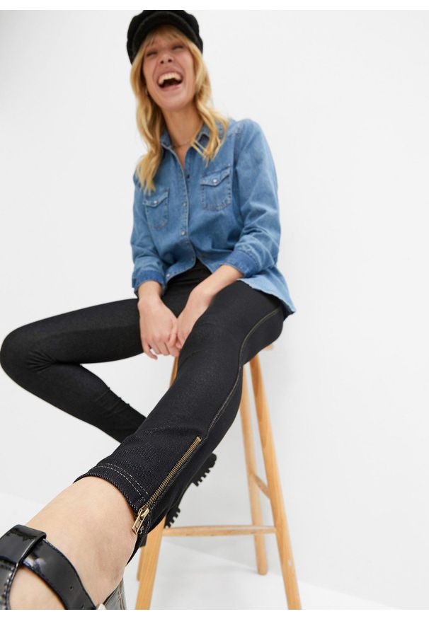 bonprix - Legginsy w optyce dżinsów z zamkiem. Kolor: czarny